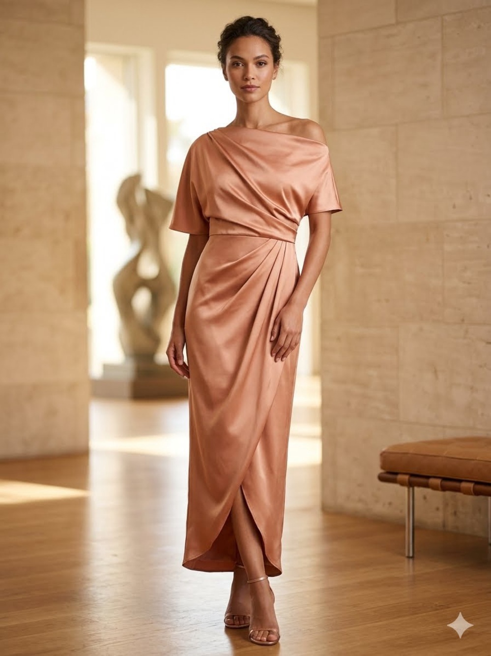 Theia Rayna One-Shoulder Satin Midi Dress in Rose Gold